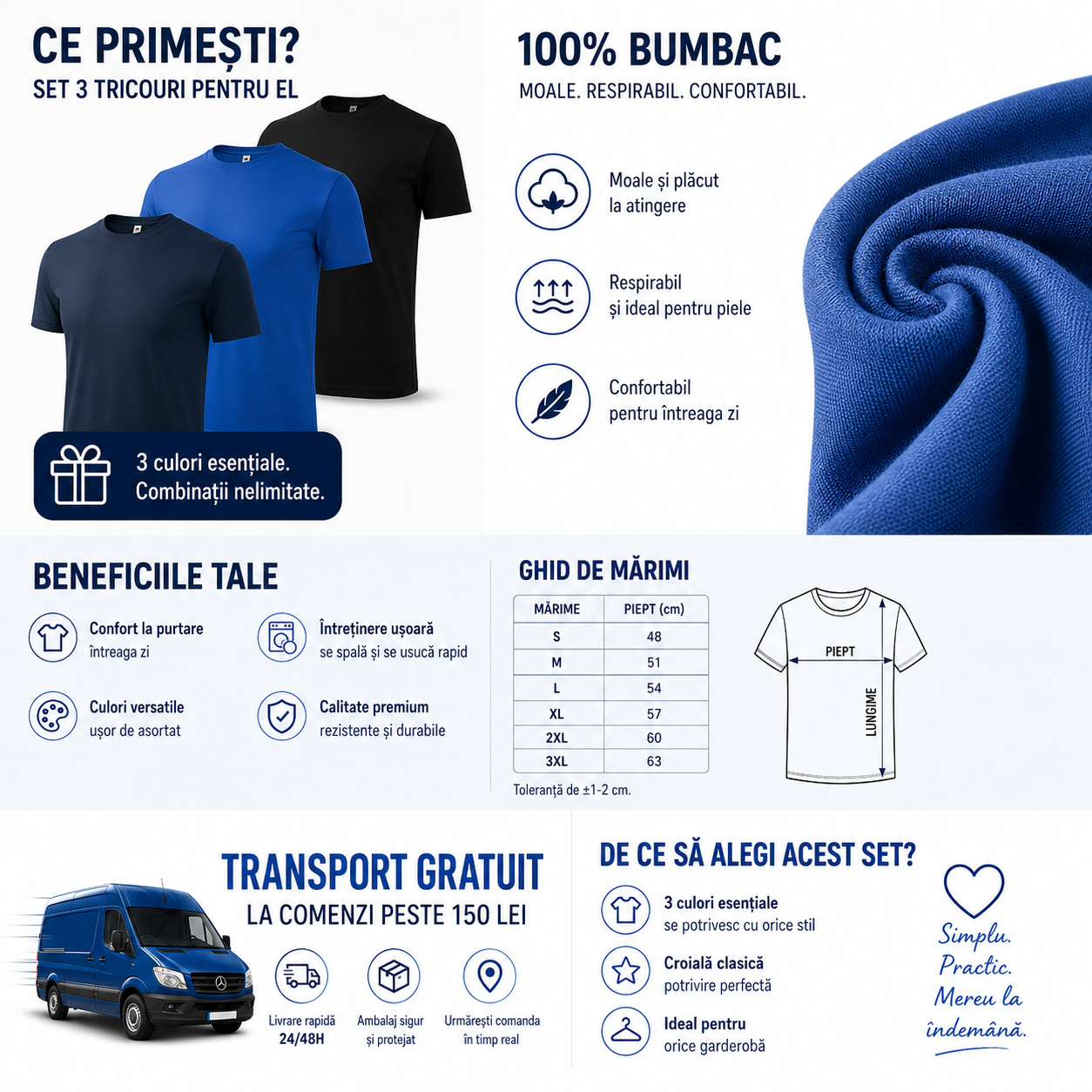 Set 3 tricouri bărbați 100% bumbac regular clasic albastru marin albastru regal și negru S-3XL